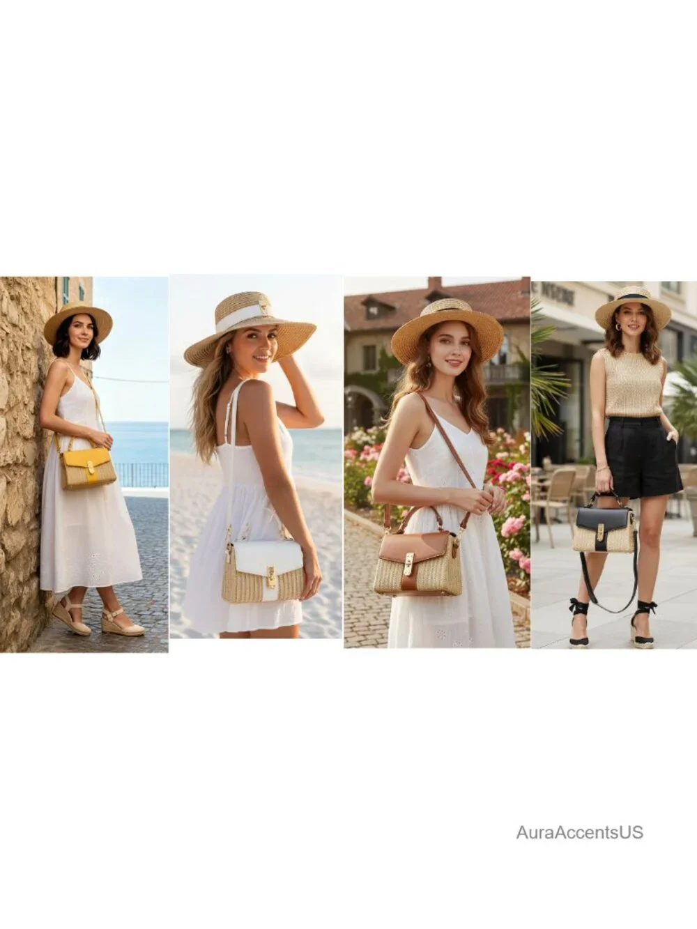 Woven Straw Satchel Crossbody Bag Faux Leather Beach Vacation Handbag